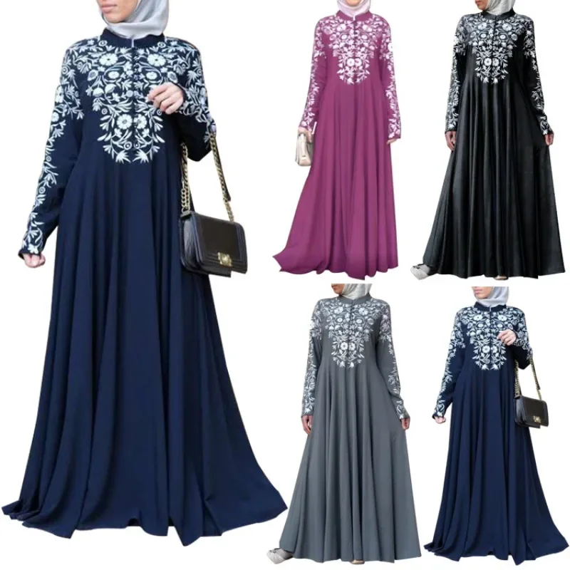 new-muslim-women's-wear-long-sleeve-stand-collar-flower-floral-print-swing-dress-ethnic-style-robe-jalabiya-for-women