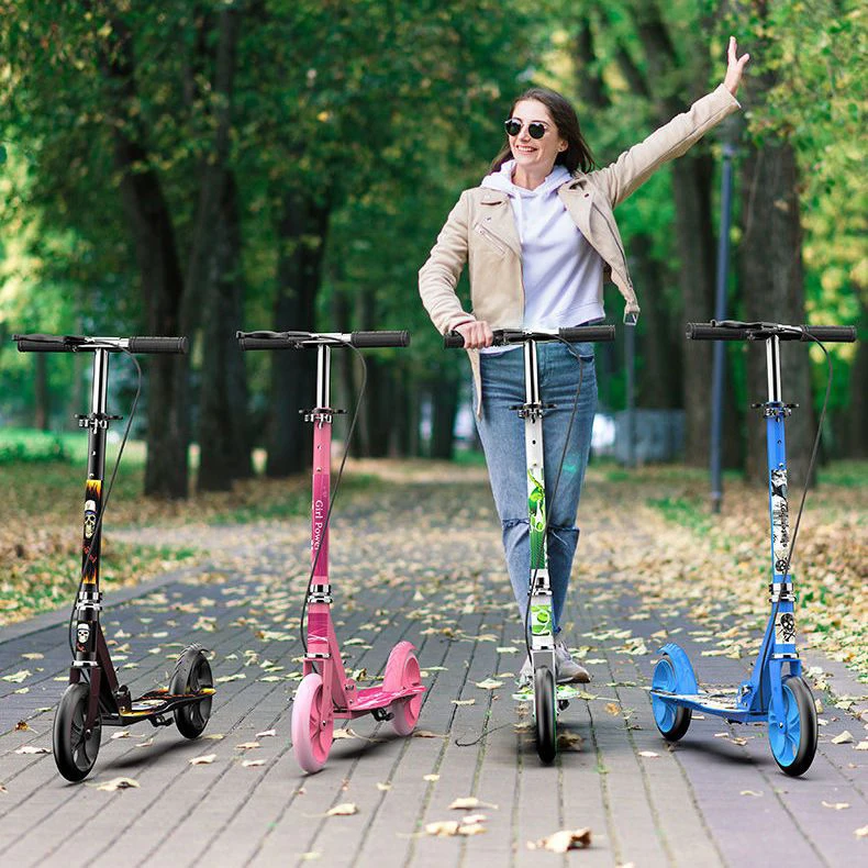 Adult/teenagers Kick Scooter Two Wheeled Foldable Portable Scooter Non-Slip Pedal Double Brake Sliding Foot Scooters Adjustable Kick Scooter