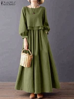 ZANZEA Womens Casual Chic Maxi Dresses Boatneck Lantern Sleeve Fake Two-Piece Solid Color A-Line Long Dress Autumn Retro Clothes - Image 3