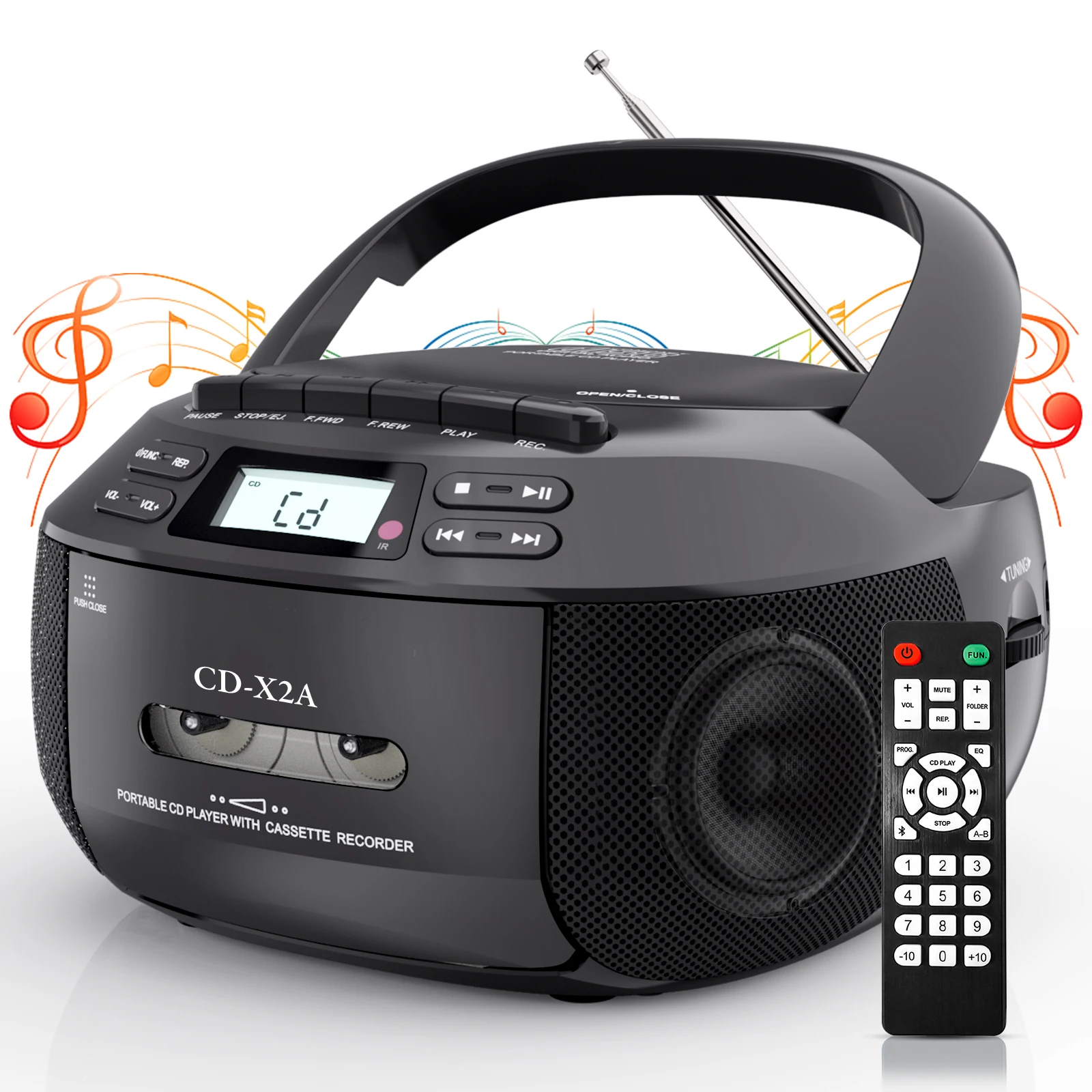 Portable CD Player boomox cassette player combo with Bluetooth AM FM radio plays AUX USB MP3 with remote control AC/DC powered