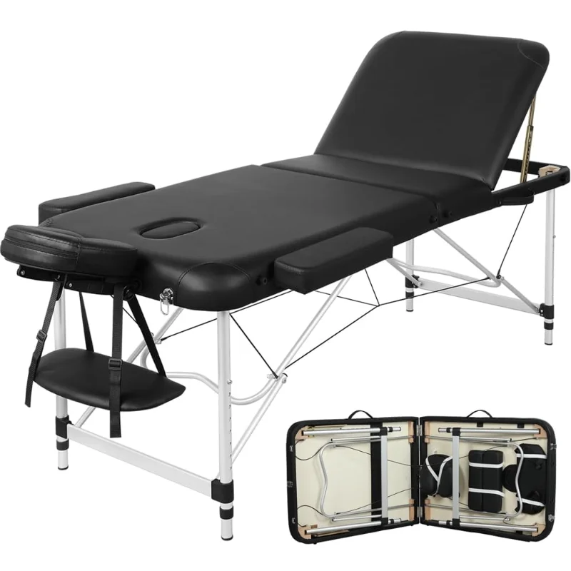 Широкие массажные столы Yaheetech 28 дюймов, портативный стол для татуировок, регулируемая кровать с ресницами, алюминиевая 3 складная кровать для спа с нетканым мешком
