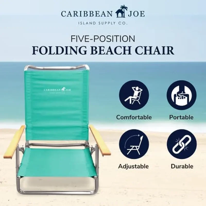 

Caribbean Joe Folding Beach Chair, 5 Position Lightweight and Portable Reclining Outdoor Camping Chair with Wooden Armrests