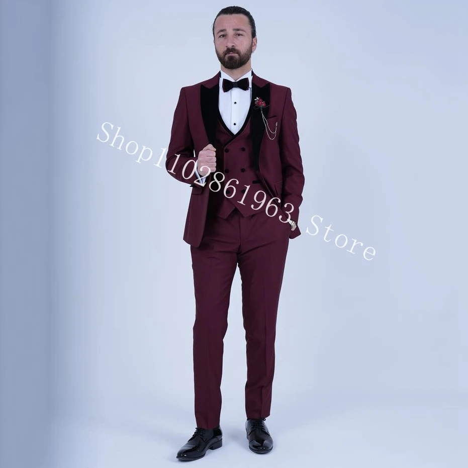 Burgundy Men's Slim Fit 3 Pieces Suit Formal Best Men Wedding Tuxedos Groom Wear Jacket Vest Pants Costume Homme Mariage