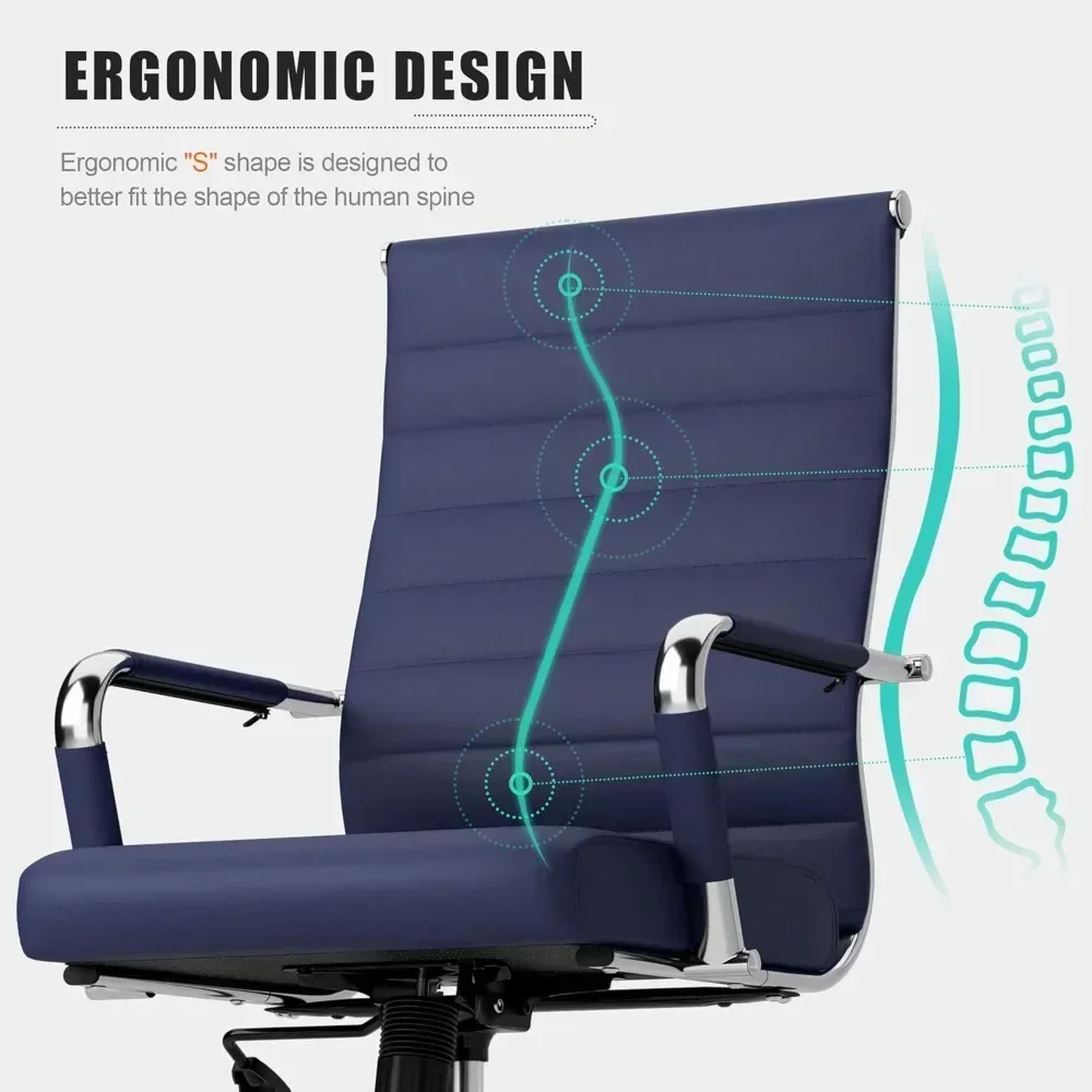 "ergonomic navy blue desk chair for office, modern leather swivel seat, executive ribbed adjustable height"