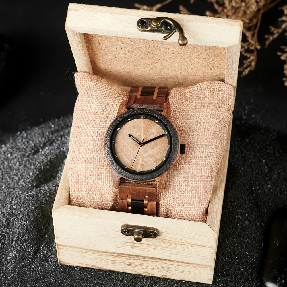 BOBO BIRD Mens Watches Unique Leaf Dial Design Quartz Wooden Wrist Watch for Men Support OEM Customiezd Dropshipping