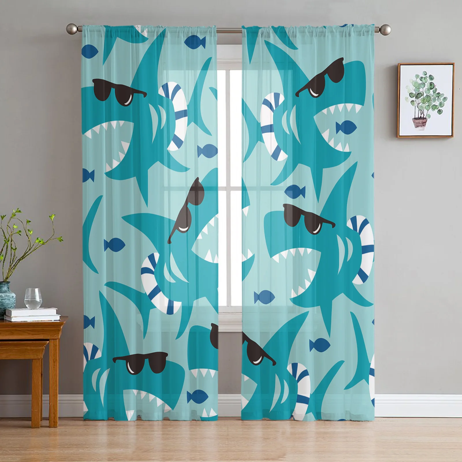 Occhiali Da Sole Shark Blue Lifebuoy Voile Tulle Tende Per Soggiorno Camera Da Letto Home Decor Coffee Hotel Sheer Drape Window Treatment
