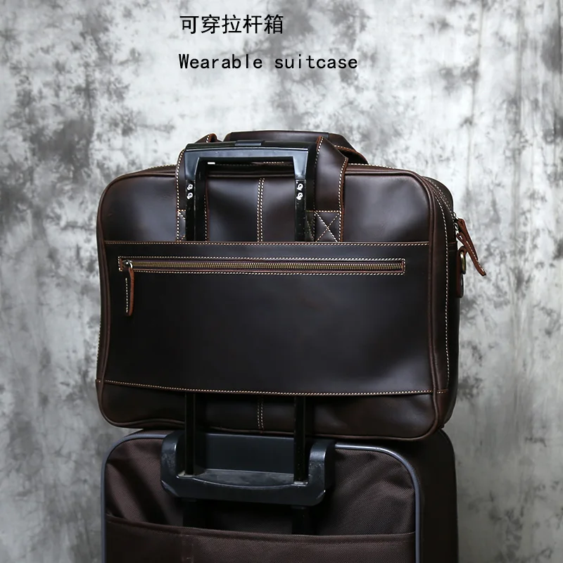 NZPJ Retro Genuine Leather Men's briefcase Large Capacity Head layer Leather Handbag Crazy Horse Leather For 17 Inch Laptops