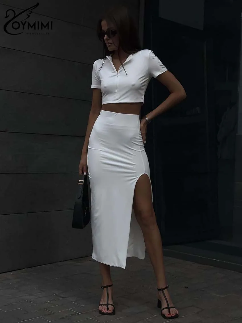 

Oymimi Fashion White Slim Women's Two Pieces Set Elegant Zipper Short Sleeve Crop Top + High Waist Side Slit Mid-Calf Skirts Set