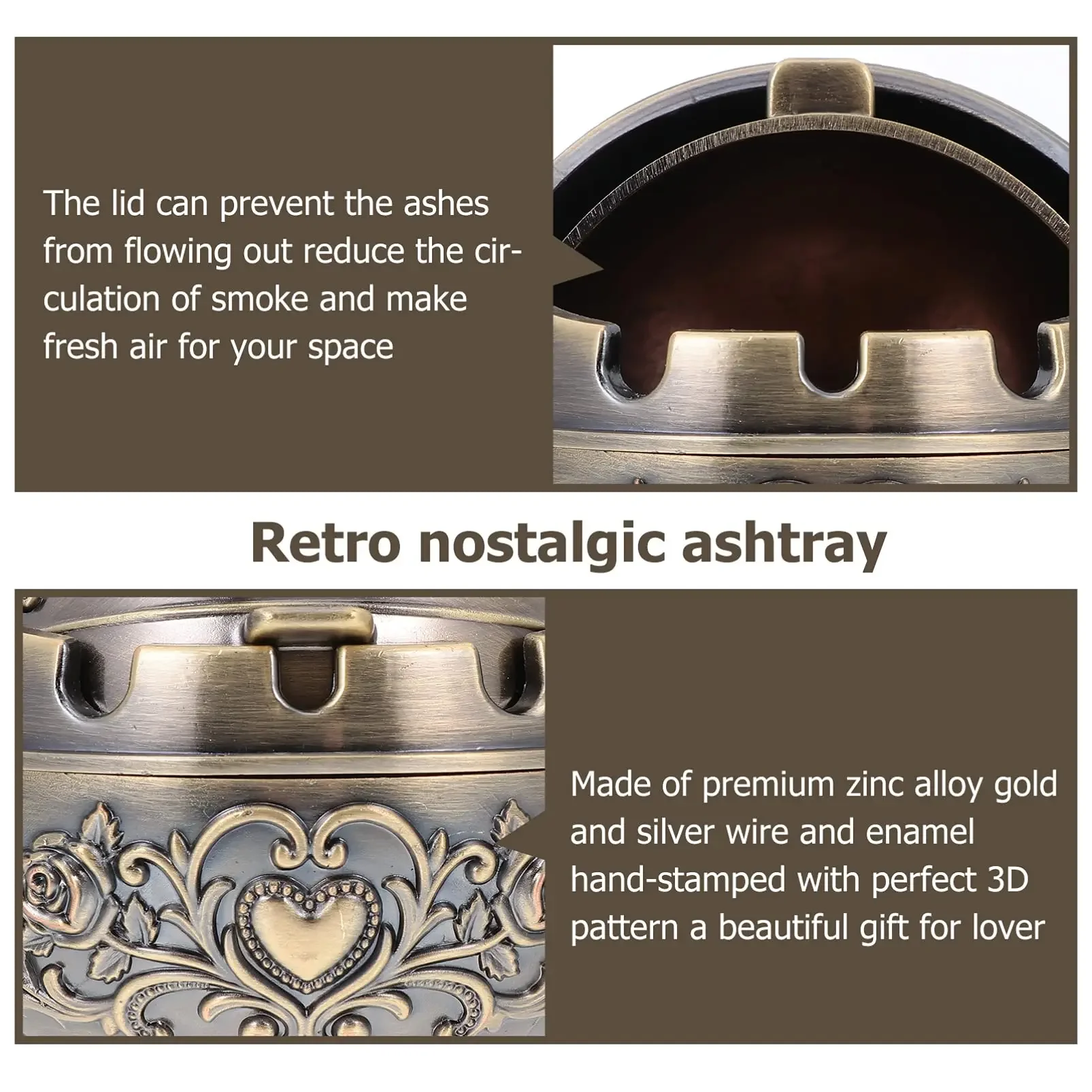 Portable Metal Ashtray Retro Decorative with Lid Indoor and Outdoor Carved Smoking Set