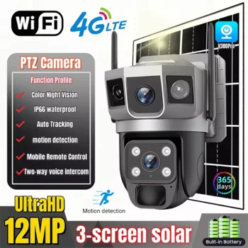 V380Pro Solar Camera 4G Sim Card Camera Triple Screen WiFi Network Security CCTV Built-in Battery PIR Night Vision HD PTZ Camera 1