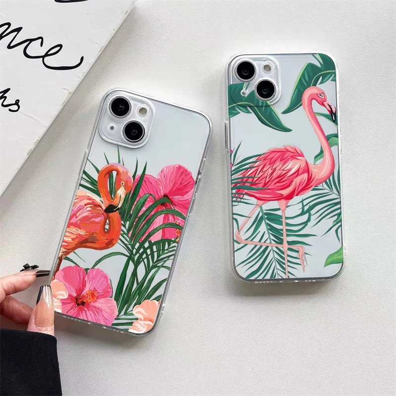 Leaves Monstera Green Flamingo Clear Phone Case Per Iphone 14 Plus Pro Max 11 12 13 Mini Pro Max 7 8 Plus Xs X Xr Se 2020 Cover