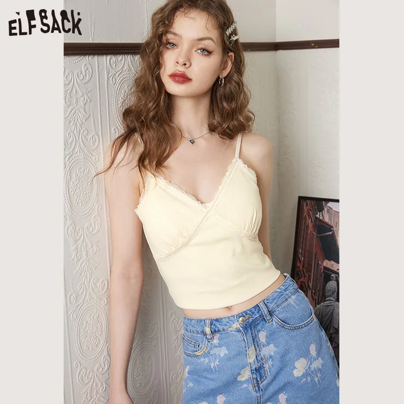 

ELFSACK French Lace Camis Women 2023 Spring/Summer New Sleeveless Sexy Ladies Daily Tops