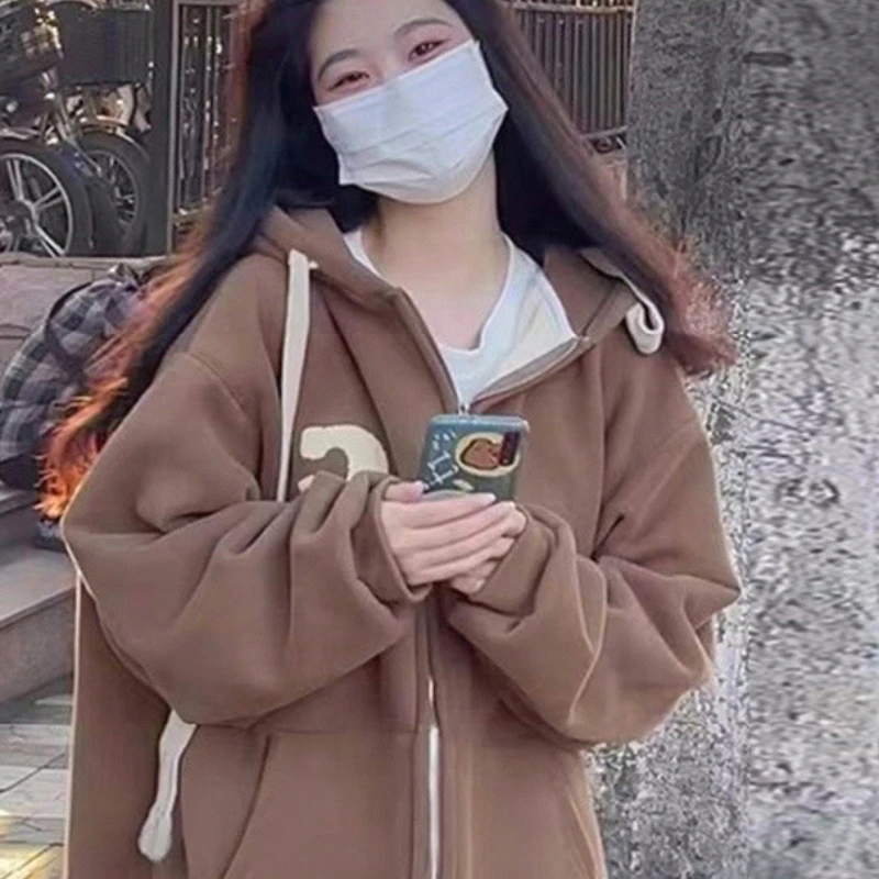 2023 New Early Autumn Hoodie Plus Fleece Thickened Short-Length Hoodie Women Loose Casual All-match Trend Cardigan Coat