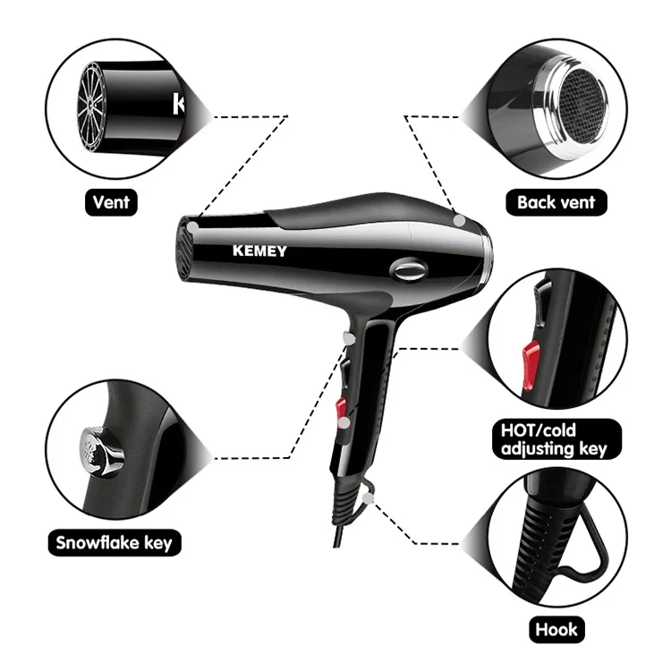 KEMEI KM-5822 High Quality 3500W High Power Two Speed Three Temperature Adjustment Professional Hair Dryer 3