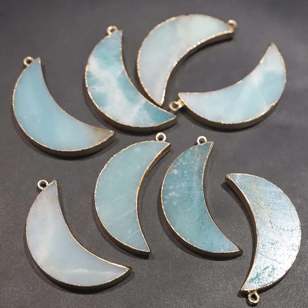 Natural Stone Amazons Crescent Moon Necklace Pendant Gilt Edge Reiki Charms Making Fashion DIY Jewelry Accessorie Wholesale 6Pcs