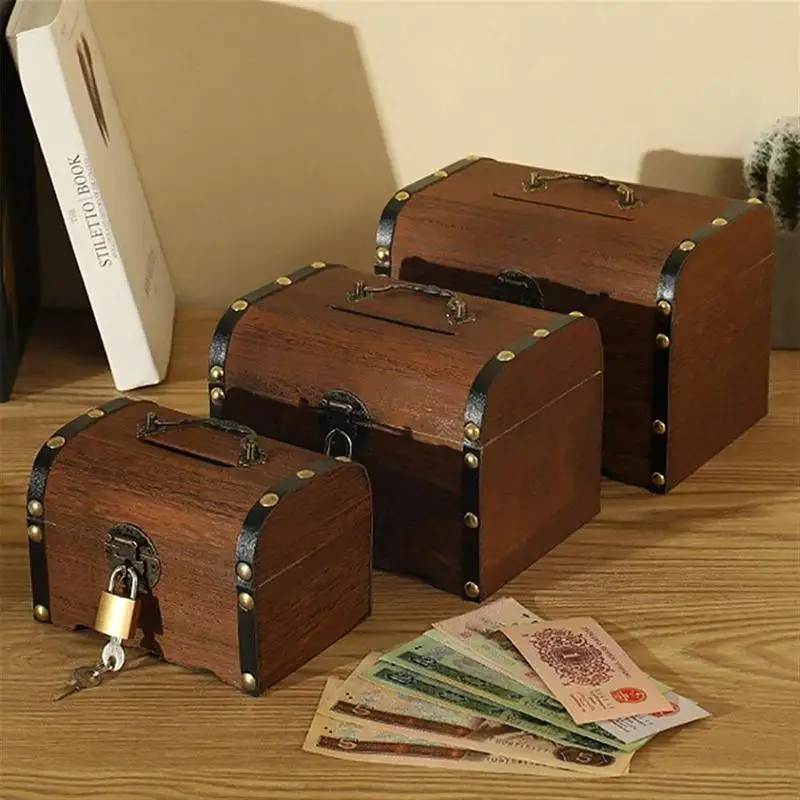 

Wood Piggy Bank Hidden Safe Savings with Lock Fashion Handmade Gift Large Capacity Secret Coin Money Box Living Room