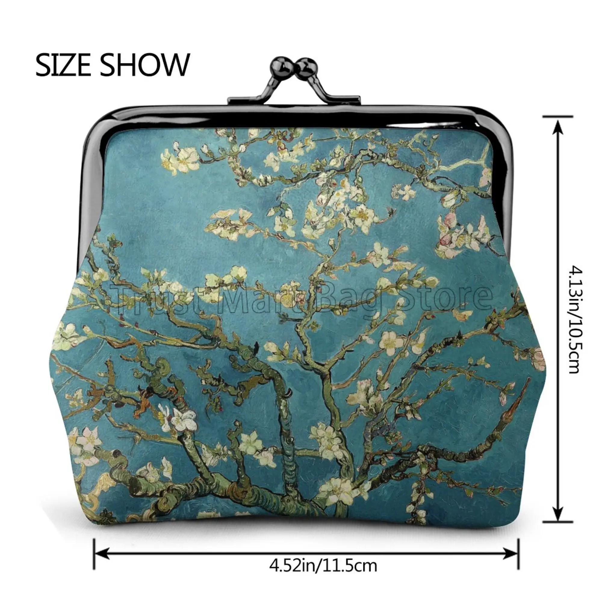 Vincent Van Gogh Almond Blossom Mini Leather Coin Purse for Women Small Change Pouch with Kiss-Lock Clasp Closure Buckle Wallet