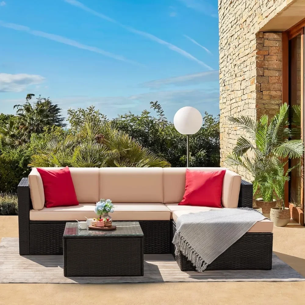 

5 Piece Patio Conversation Set Wicker Rattan Furniture Outdoor Sofa w/ Cushions, Pillows & Glass Table for Porch, Lawn and Yard