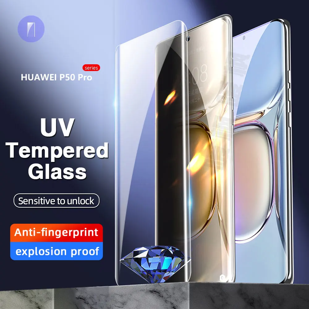 2/1 pz copertura vetro temperato UV per Huawei P30 P40 P50 pro plus pellicola protettiva per schermo del telefono in vetro UV