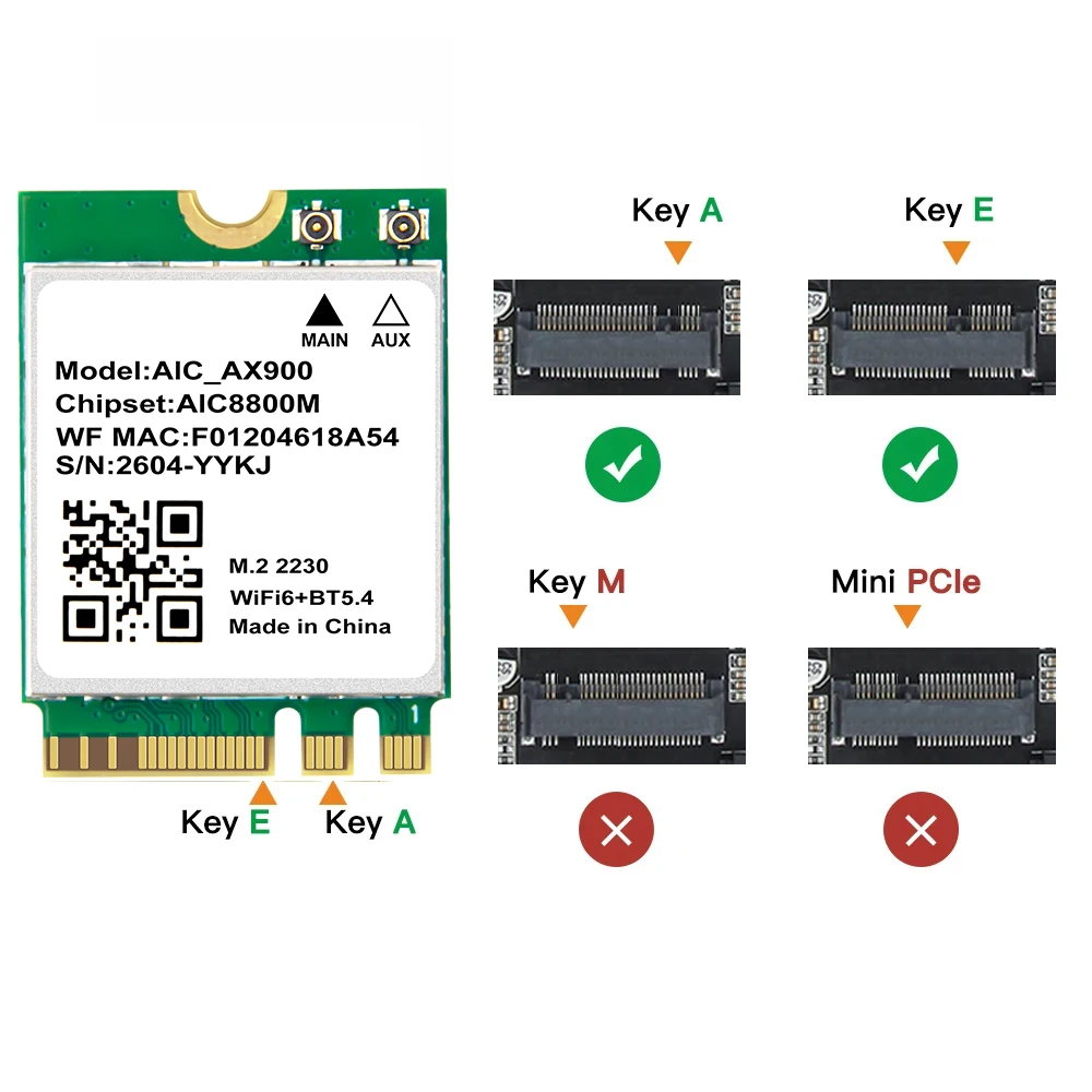 WiFi 6 AX900 BT5.4 M.2 WiFi 카드 2.4G&5GHz 블루투스 5.4 900Mbps 무선 어댑터(윈도우 10/11용 노트북용)