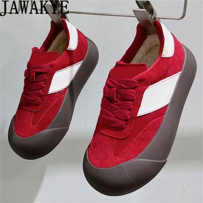 

Unisex Men & Women's Wool Flat Platform Shoes Thick Sole Suede Patchwork Lace Up Sneakers Winter Casual Warm Fur Couple Shoes
