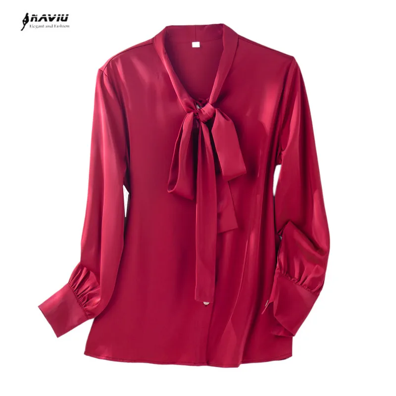 

NAVIU Wine Red Shirt Women New Autumn Elegant Bow Tie Design V Neck Temeprament Long Sleeve Blouses Office Ladies Work Tops Pink