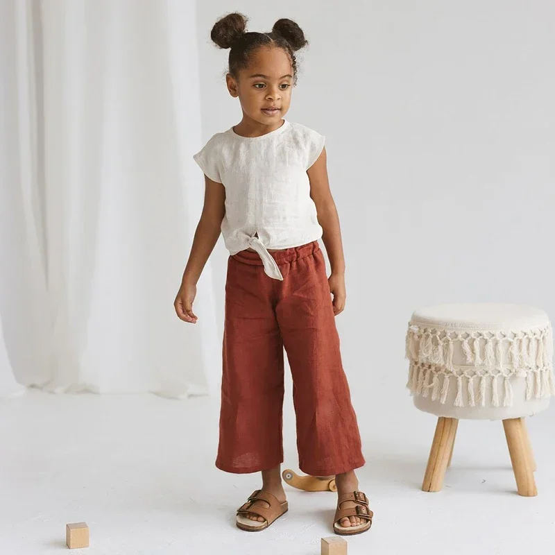 Girls Summer Cotton And Linen Loose Wide-Legged Pants