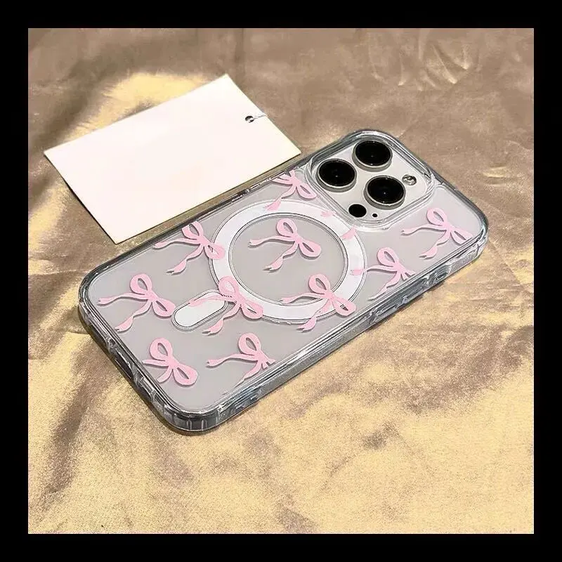 Chic Pink and Blue Bow MagSafe Magnetic Shockproof Phone Case - Soft, Transparent Back Cover