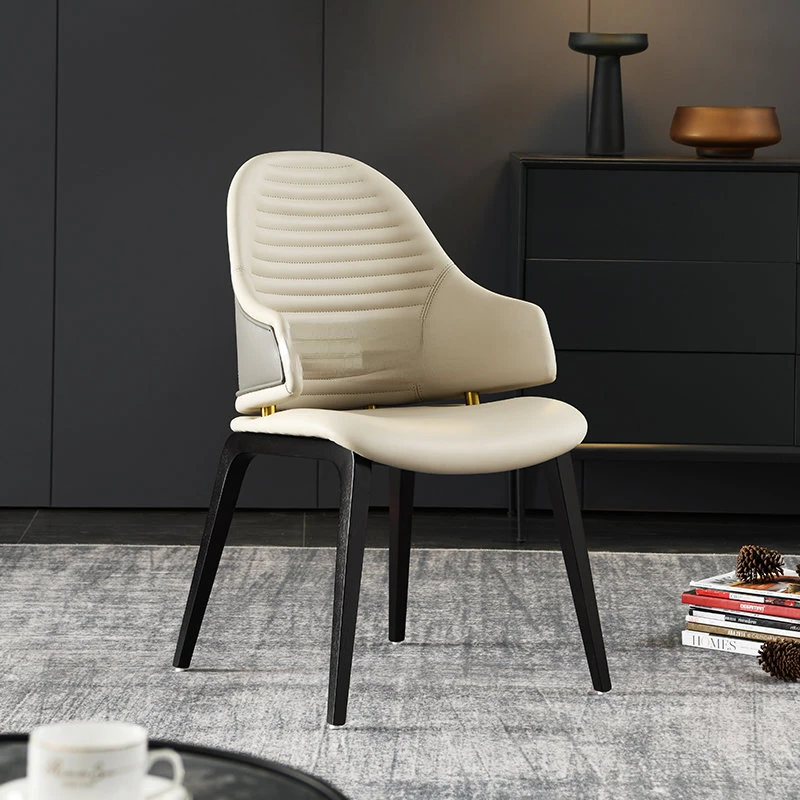 

Italian-Style Light Luxury Home Modern Minimalist Authentic Leather Comfortable Armrest White Wax Model Room Dining Chair