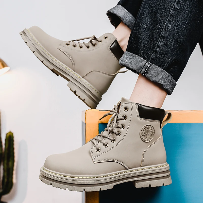 High Top Boots Men Leather Shoes Fashion Motorcycle Ankle Military Boots For Men Winter Man Shoes Lace-Up Botas Hombre