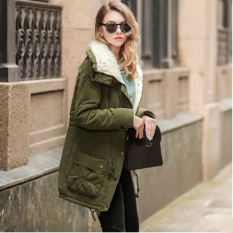 

Winter Mid length Lamb Wool Slim Fit Cotton Dress Fashion Casual Women's Cotton Coat