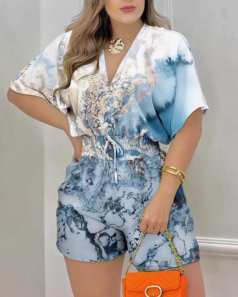 

2023 Summer New Loose Casual Fashion Print Waist Jumpsuit Shorts Short Sleeves One Piece Outfit Women Jumpsuit Women