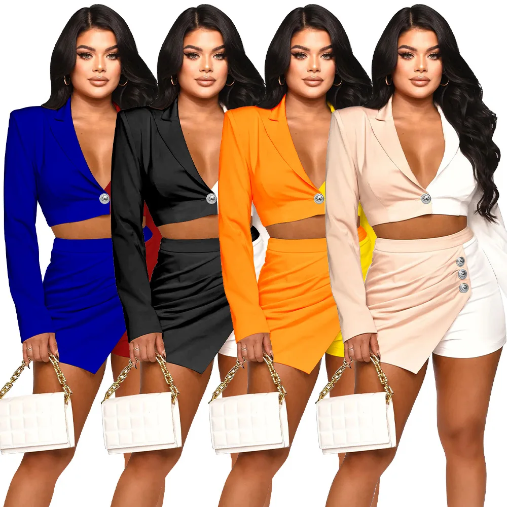 

Женский офисный костюм Y2K, комплект из двух предметов, блейзер и шорты в стиле пэчворк с V-образным вырезом, приталенная осенняя одежда на одной пуговице, с длинным рукавом