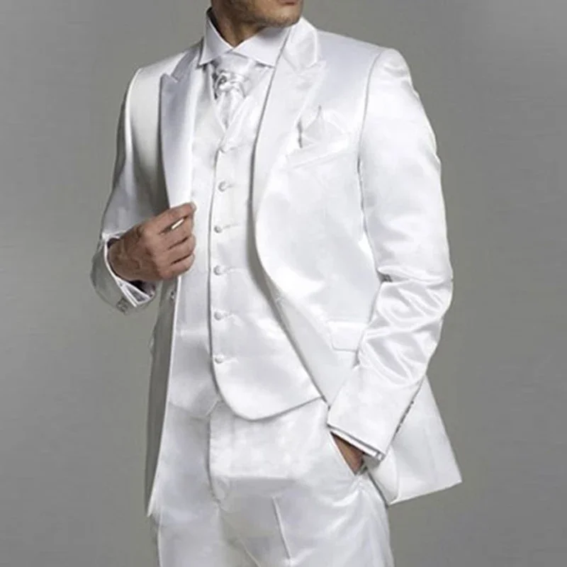 White Satin Men Suits for Wedding Groom Tuxedos Peaked Lapel Formal Set Jacket Vest with Pants
