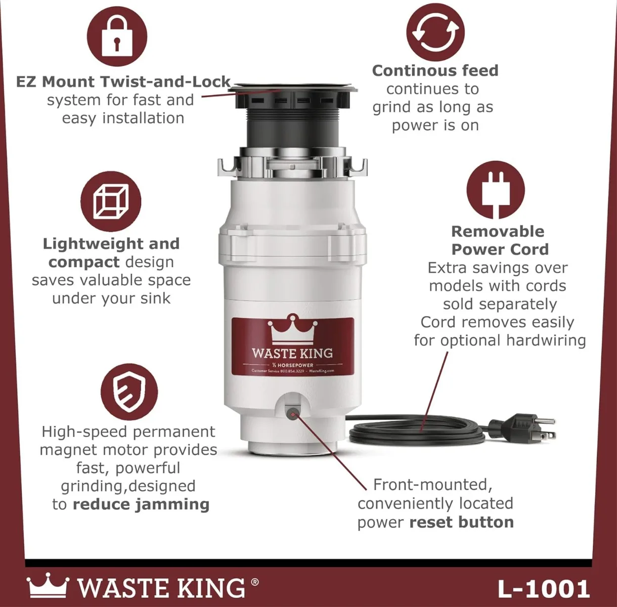 1/2 HP Garbage Disposal with Power Cord for Kitchen Sink Food Waste, L-1001 | USA | NEW 3