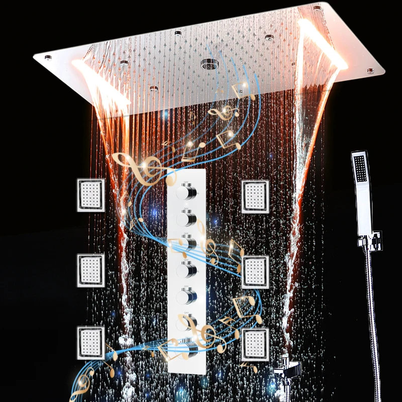 ชุดฝักบัวที่สมบูรณ์ที่สุดเพลง LED ห้องน้ํานวด 6 ฟังก์ชั่น Thermostatic สูงฝนคอลัมน์ Mist น้ําตก Body jets 1