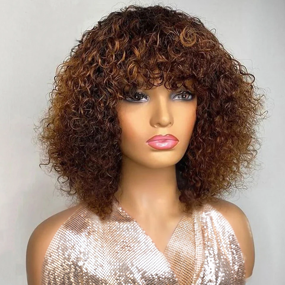 

Brazilian Kinky Curly Human Hair Wigs With Bangs Short Brazilian Remy Human Hair Full Machine Made Wigs for Black Women Glueless