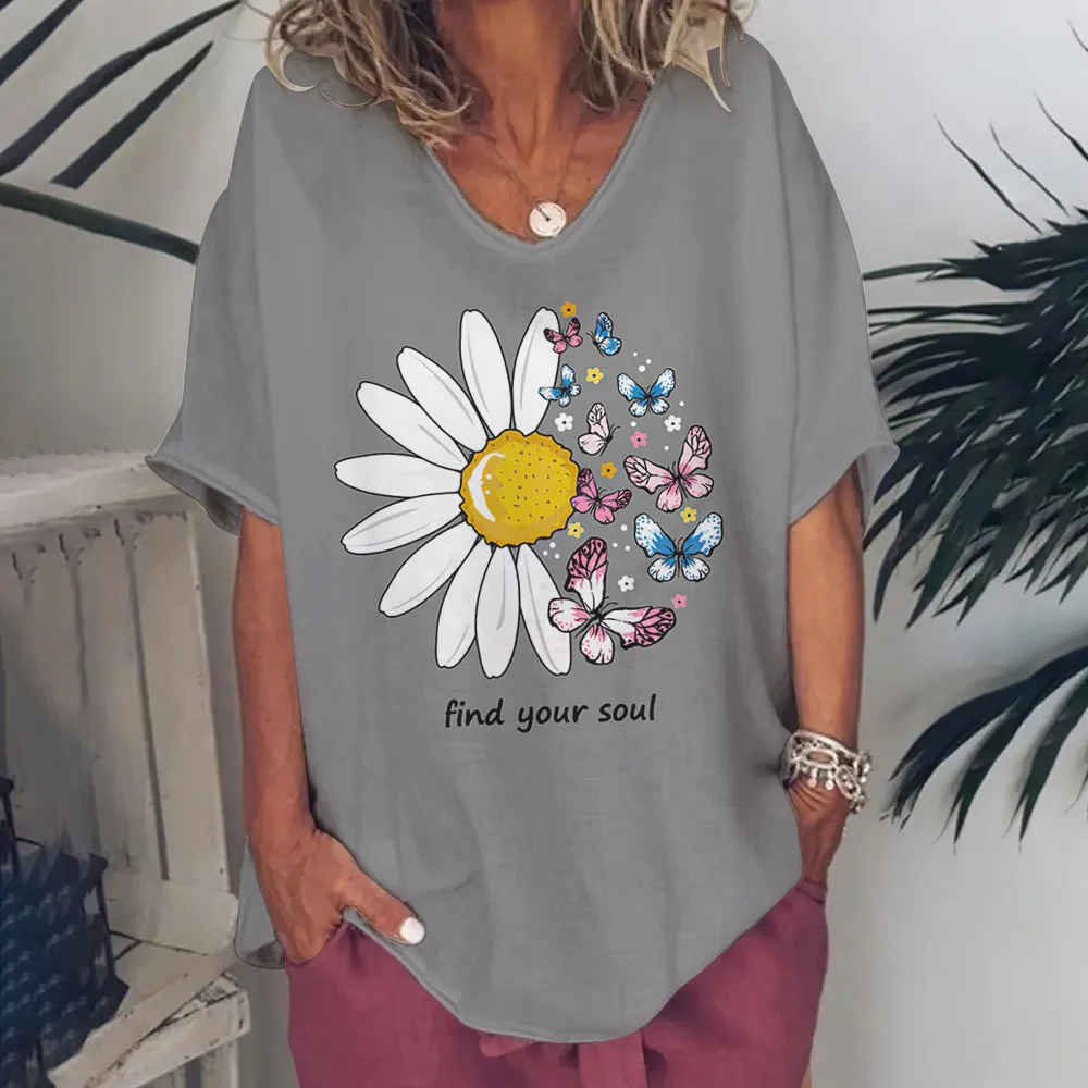 

Simple Pattern Women's T Shirt Floral Print Harajuku Clothes Female V Neck Casual Tees Summer Loose Blouse Ladies Short Sleeve