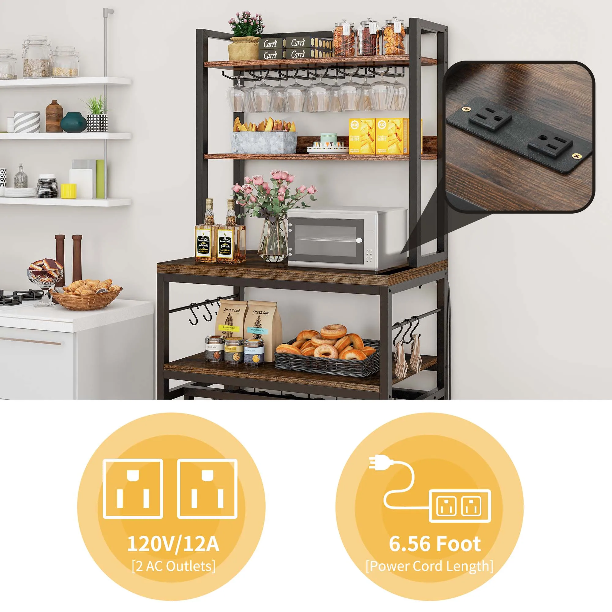 Wine Bar Table Wine Rack Bakers Rack with Glass Stemware Holders for Kitchen Pub