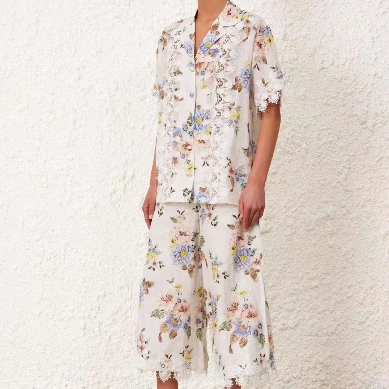 

Ramie Floral Print Hollow Out Embroidery Lace Patchwork Loose Blouse Tops and Wide Leg Pants for Women