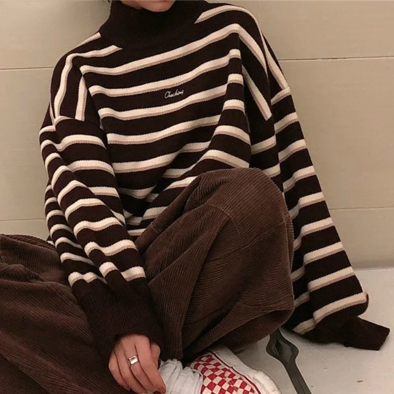 

Turtleneck Sweater Women Simple Striped Autumn Winter Ulzzang Fashion Women's Student Harajuku Soft Chic Lady JumpersThicken