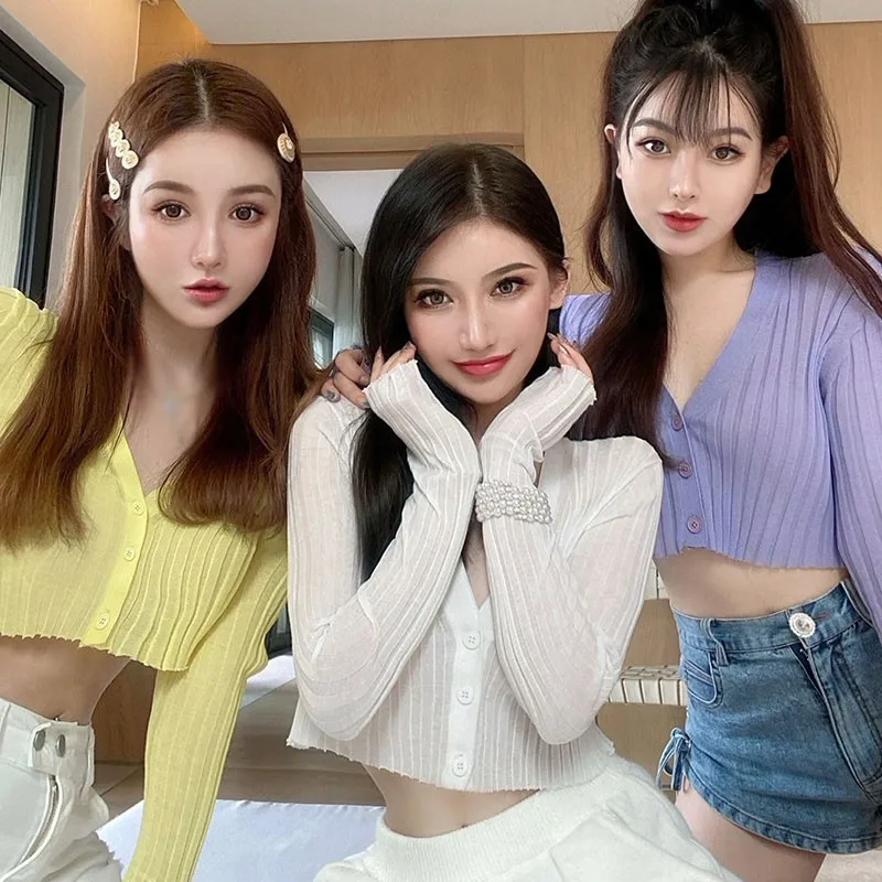 여성용 V넥 얇은 상의 자외선 차단 단추 니트 가디건, 짧은 슬림 피팅, 긴팔 가디건 