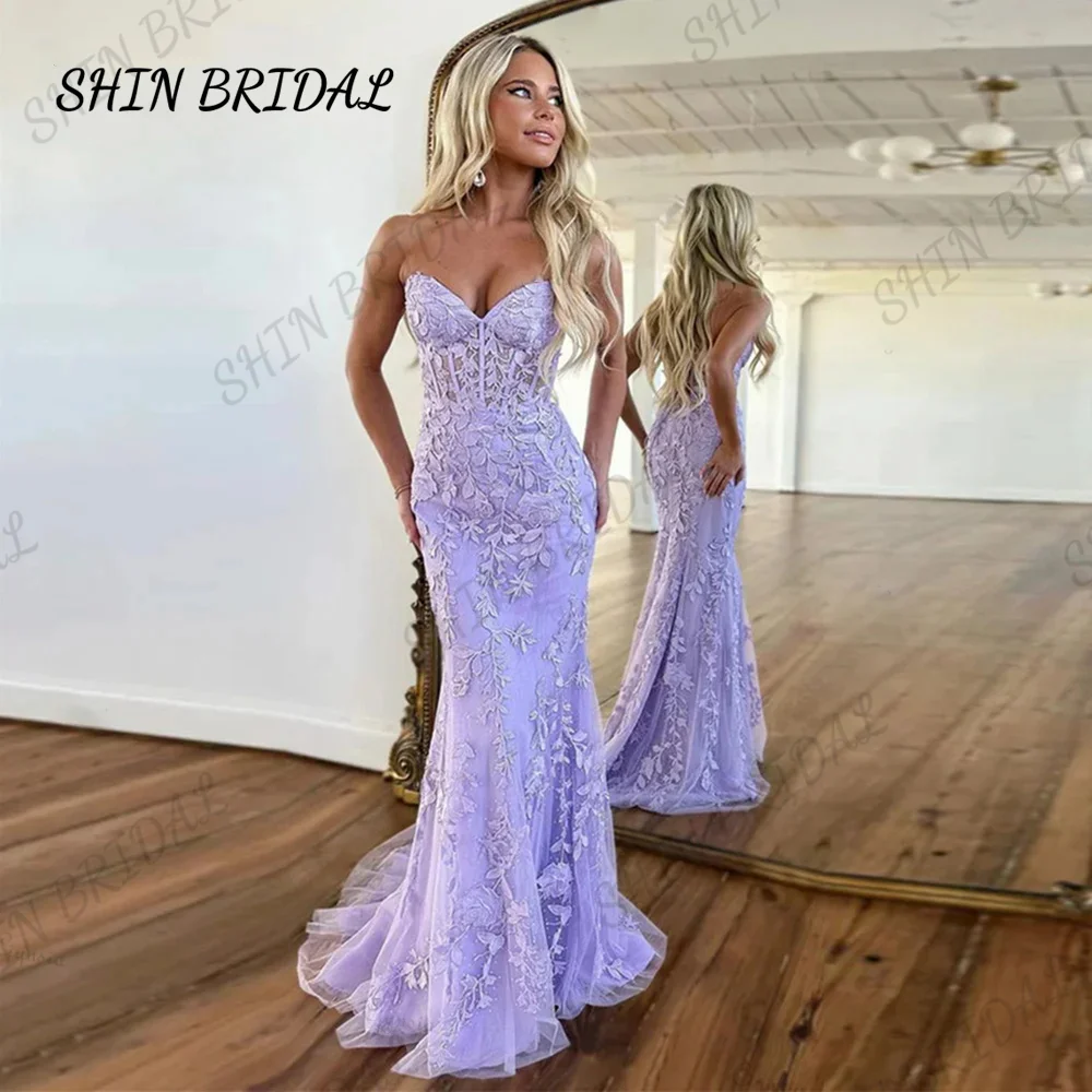 

Женское вечернее платье-Русалка SHIN BRIDAL, фиолетовое кружевное платье для выпускного вечера без бретелек с корсетом на спине и тюлевой аппликацией