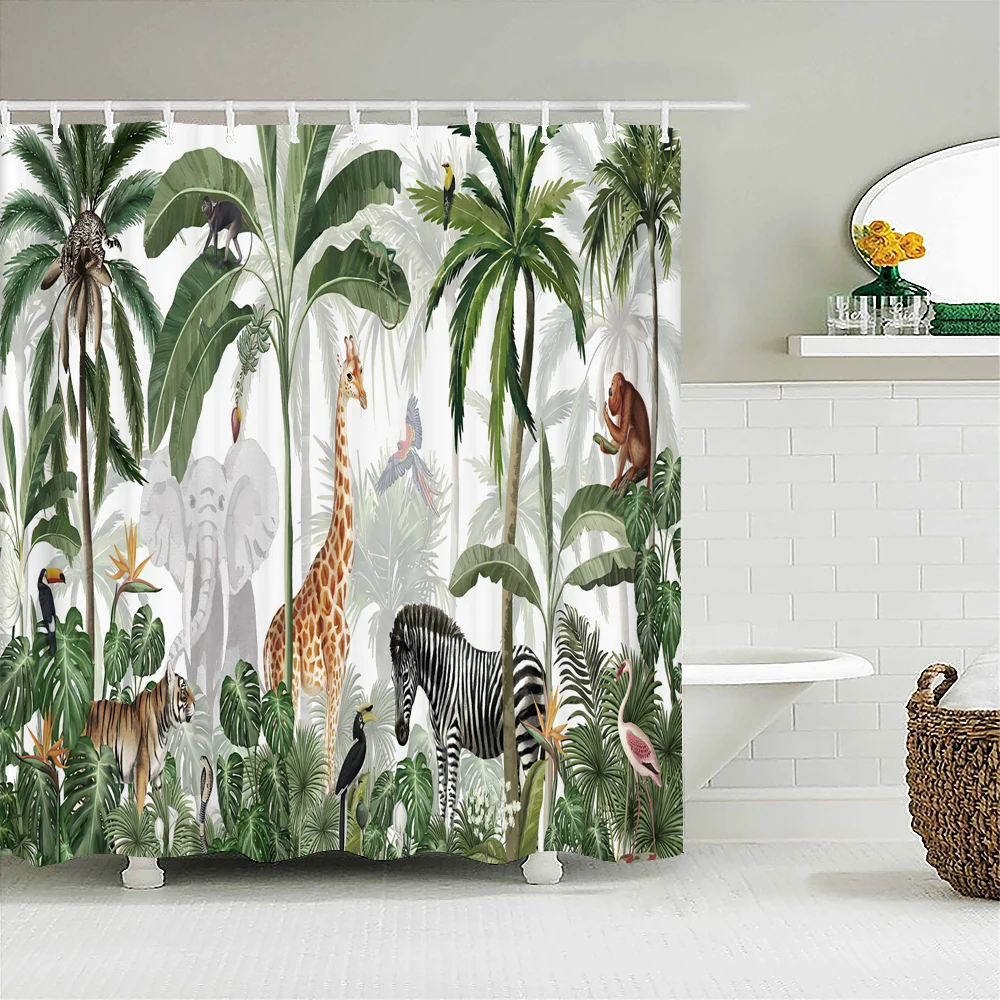 

3D Tropical Plant Palm Tree Animal Shower Curtain Bathroom Curtains Waterproof Polyeste Fabric Bathtub Decor with 12 Hooks