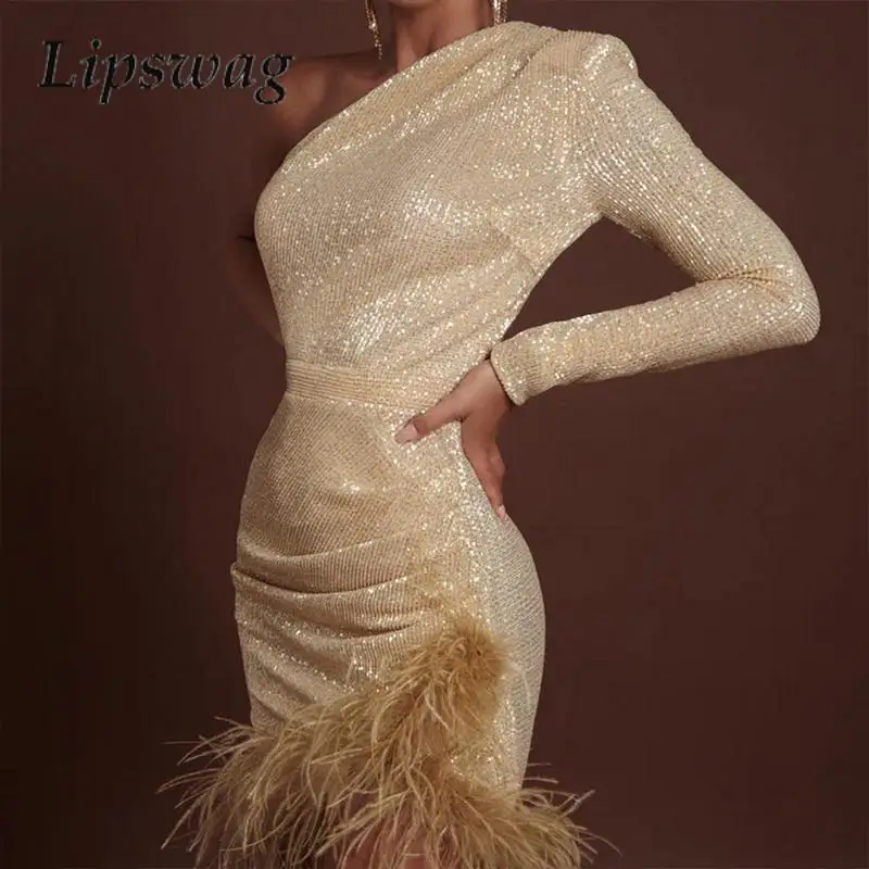 

Ladies Wrap Solid Party Dress Sexy Slant Neck Feather Splicing Banquet Dress Elegant Long Sleeve Skinny Versatile Mini Dresses