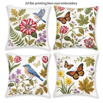 1/4pcs 2D Flat- Vintage Botanical Bluebird & Tulip Decorative Throw Pillow Cover Home farmhouse outdoor decoration cushion cover 1