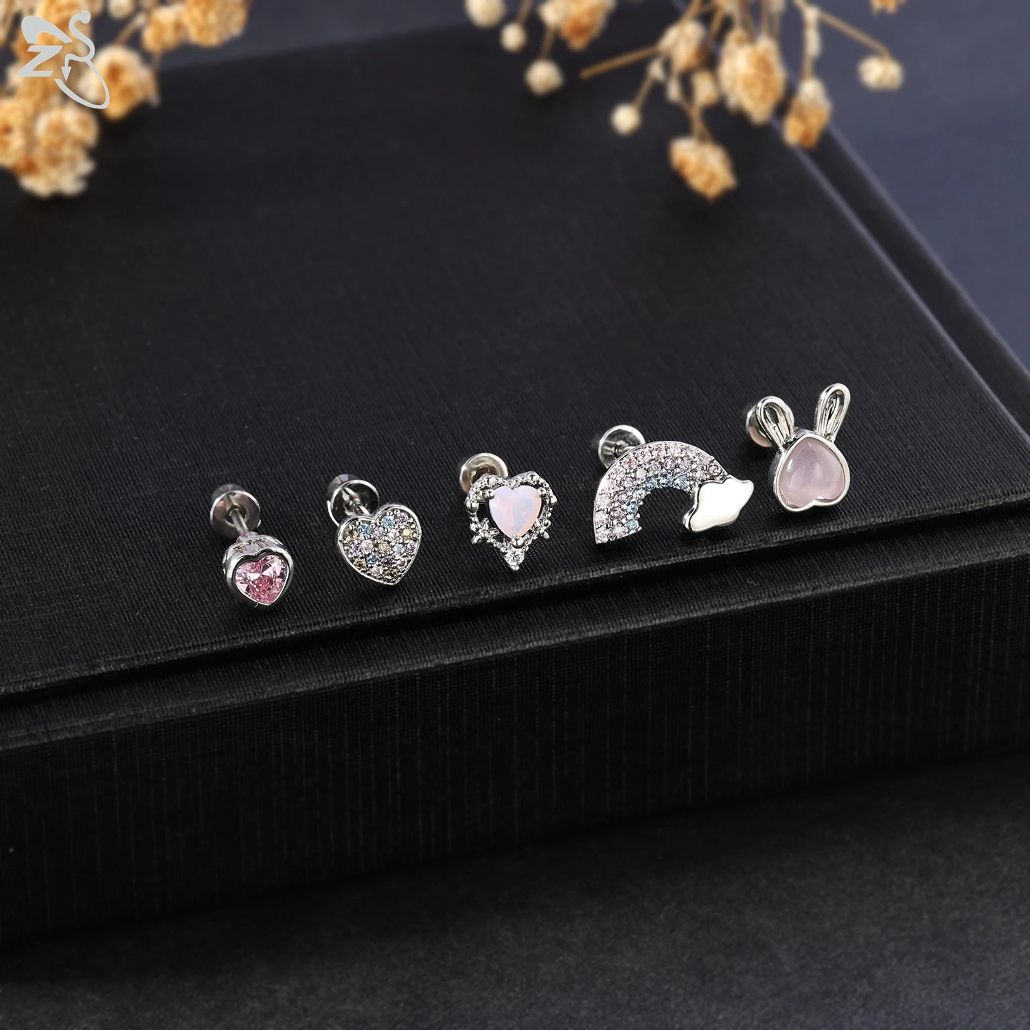 ZS 1-2pcs/Lot 20G Stainless Steel Stud Earrings For Children Cute Animals Earring CZ Crystal Cartilage Helix Piercings Jewelry