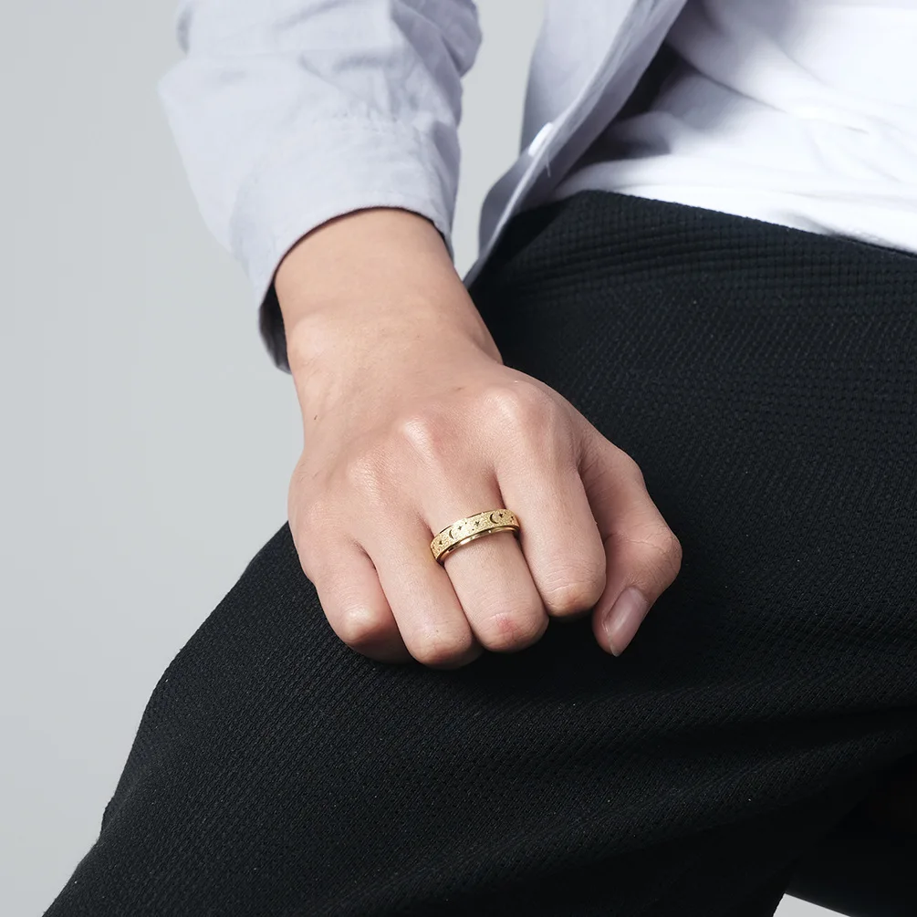 Anti Stress Ring For Men Vintage Moon Star 316L Titanium Steel