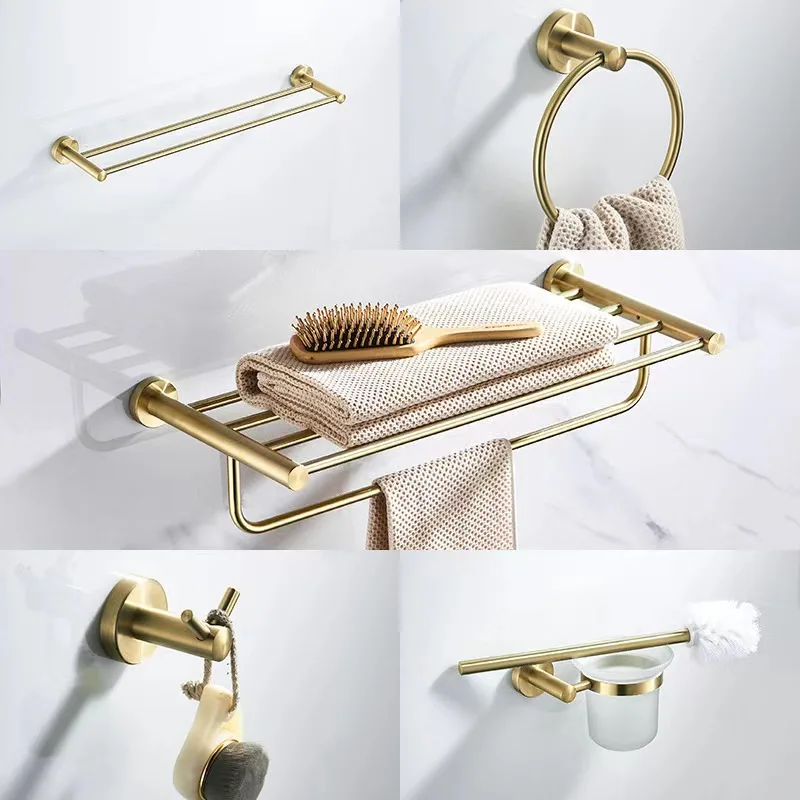 

Brushed Gold Stainless Steel Towel Rack Ring Toilet Paper Bathroom Storage Rack Pole Clothes Hook Hotel Set no Punching