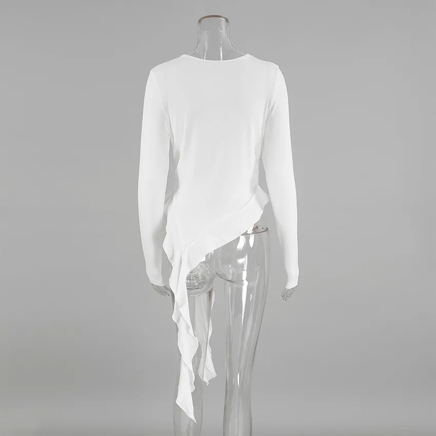 White Knit Slim T-shirt Pullover Female Ruffled Patchwork See-Through Long Sleeve Y2k Sexy Inner Top Women's Knitwear Tee
